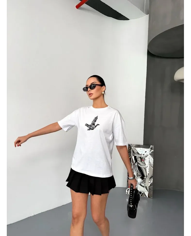 KADIN Baskılı T-Shirt Kısa Kol Bisiklet Yaka Regular Fit Yazlık Tişört - Beyaz
