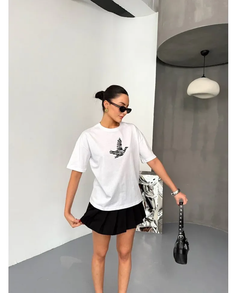 KADIN Baskılı T-Shirt Kısa Kol Bisiklet Yaka Regular Fit Yazlık Tişört - Beyaz