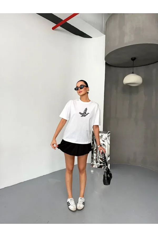KADIN Baskılı T-Shirt Kısa Kol Bisiklet Yaka Regular Fit Yazlık Tişört - Beyaz