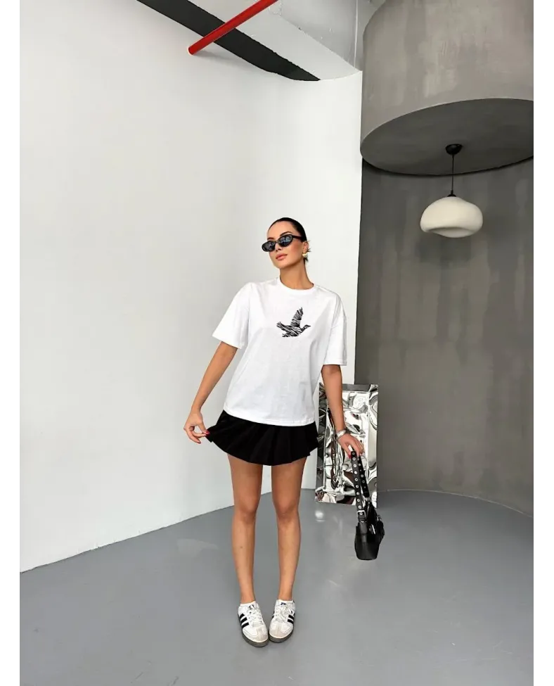 KADIN Baskılı T-Shirt Kısa Kol Bisiklet Yaka Regular Fit Yazlık Tişört - Beyaz