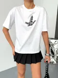 KADIN Baskılı T-Shirt Kısa Kol Bisiklet Yaka Regular Fit Yazlık Tişört - Beyaz
