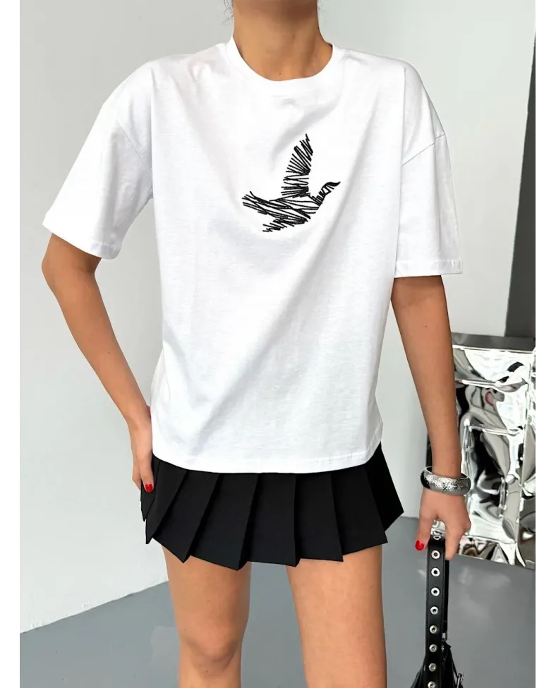 KADIN Baskılı T-Shirt Kısa Kol Bisiklet Yaka Regular Fit Yazlık Tişört - Beyaz