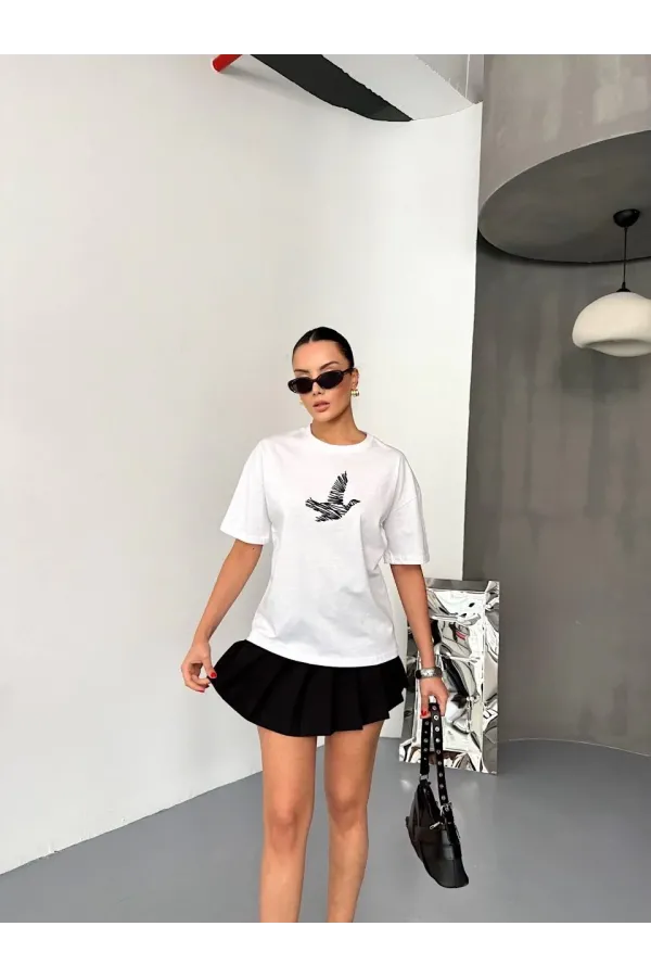 KADIN Baskılı T-Shirt Kısa Kol Bisiklet Yaka Regular Fit Yazlık Tişört - Beyaz