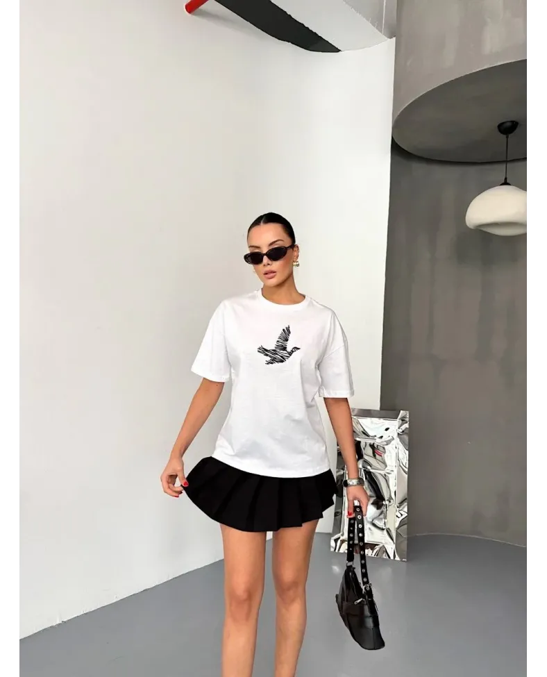 KADIN Baskılı T-Shirt Kısa Kol Bisiklet Yaka Regular Fit Yazlık Tişört - Beyaz
