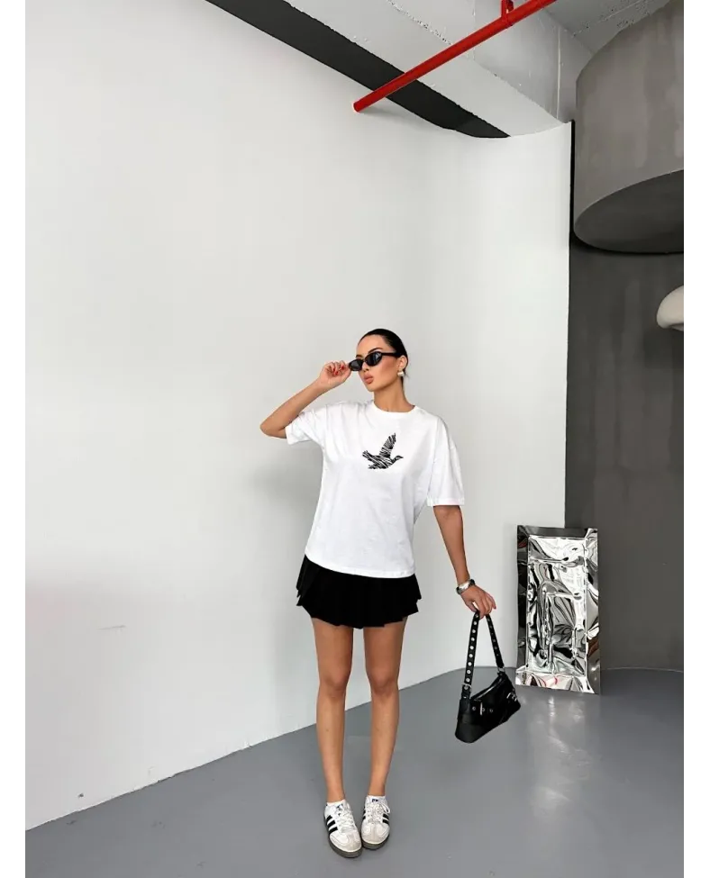 KADIN Baskılı T-Shirt Kısa Kol Bisiklet Yaka Regular Fit Yazlık Tişört - Beyaz