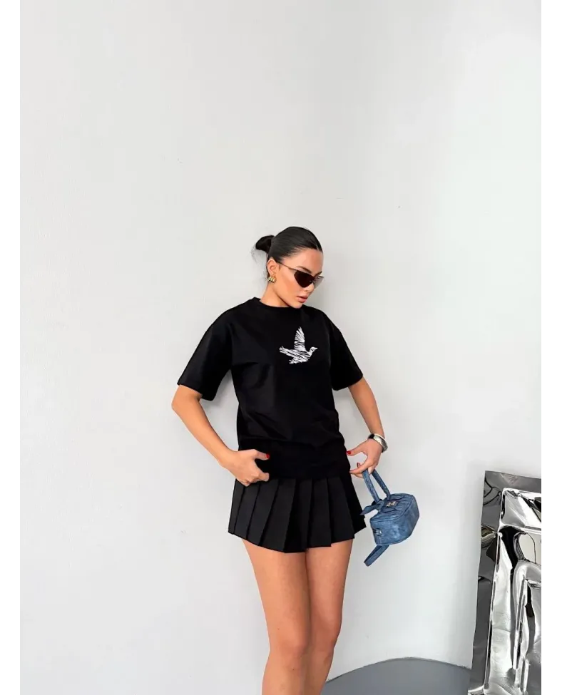 Kısa Kol Baskılı T-shirt - Siyah