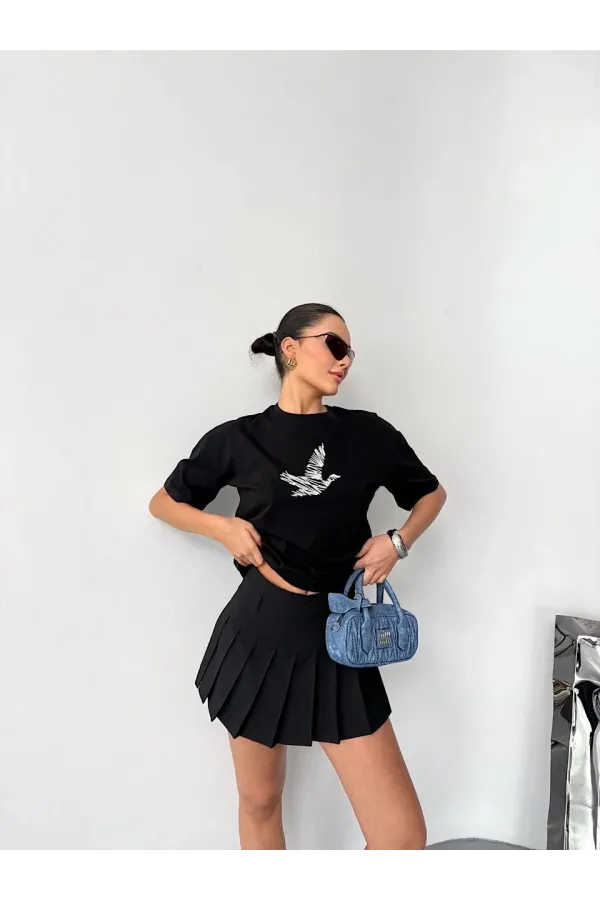 Kısa Kol Baskılı T-shirt - Siyah