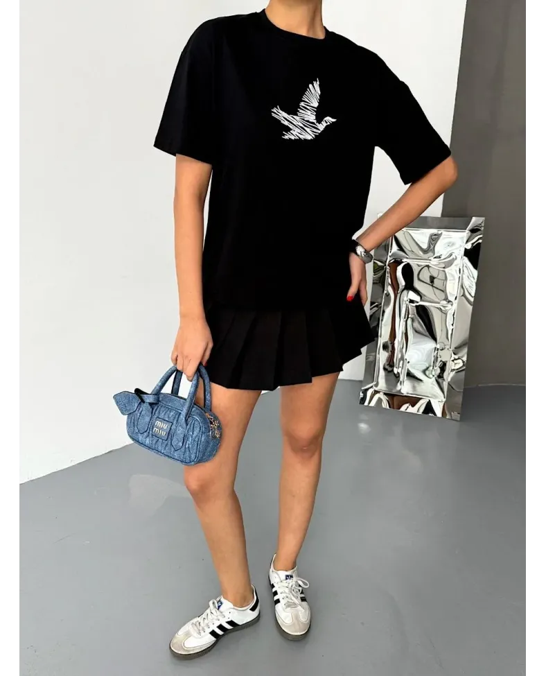 Kısa Kol Baskılı T-shirt - Siyah