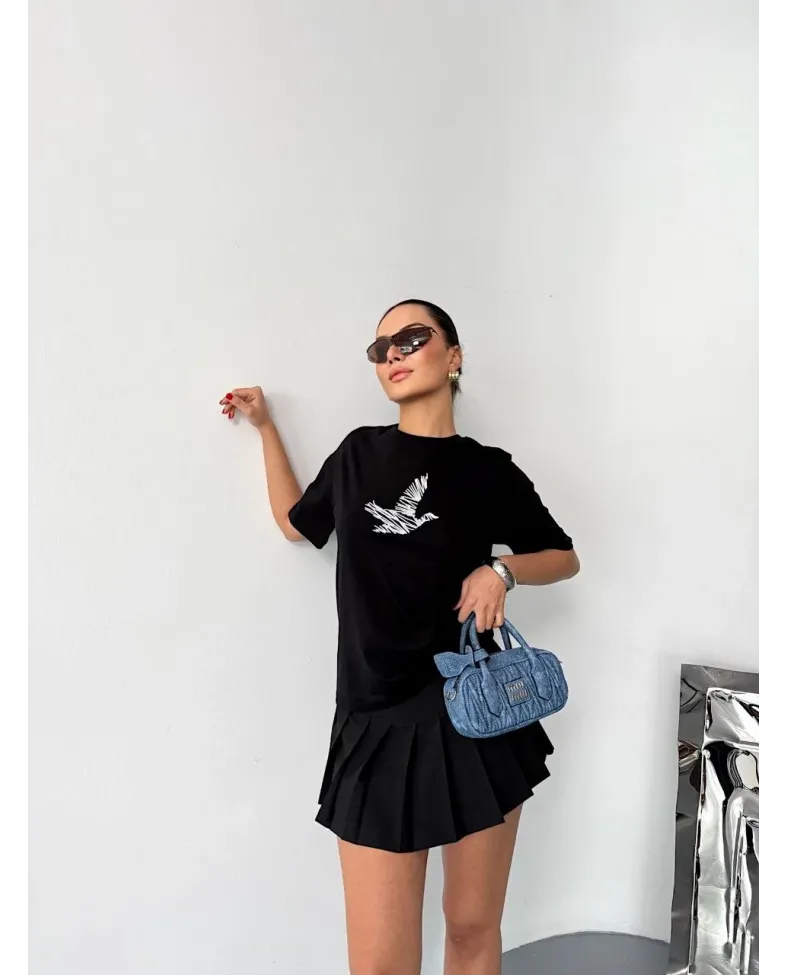 Kısa Kol Baskılı T-shirt - Siyah