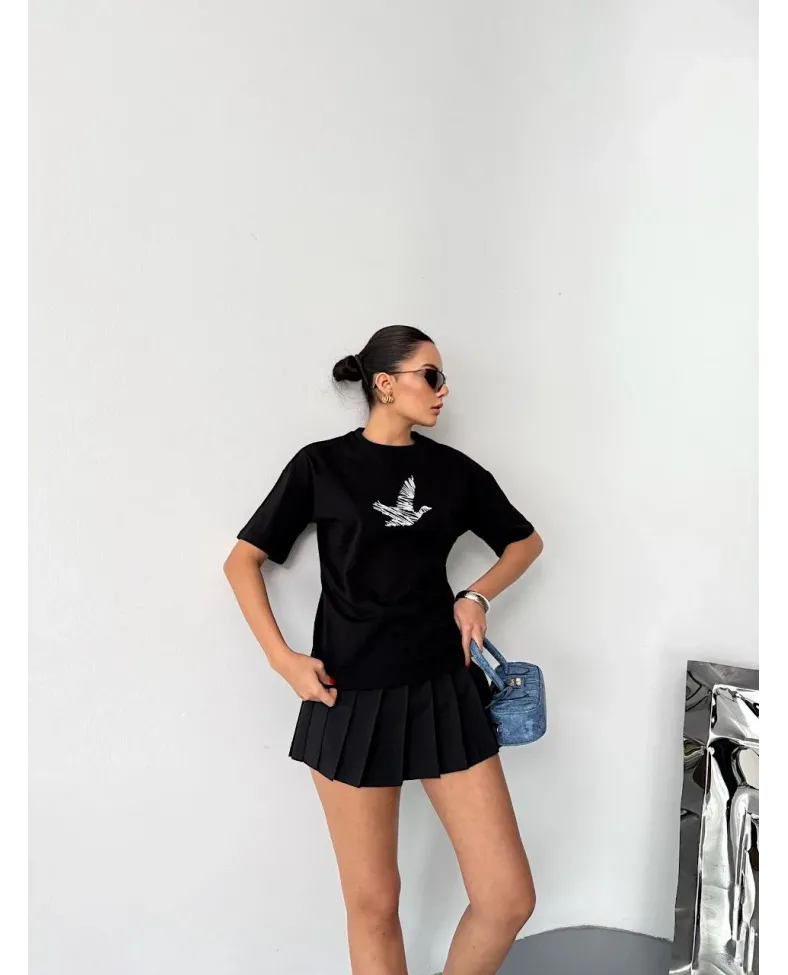 Kısa Kol Baskılı T-shirt - Siyah