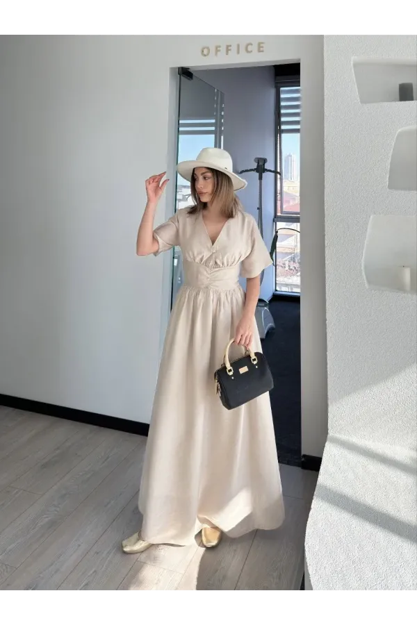 Kısa Kollu Uzun Elbise - Kırık Beyaz