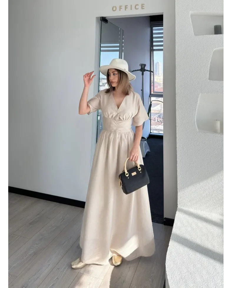 Kısa Kollu Uzun Elbise - Kırık Beyaz