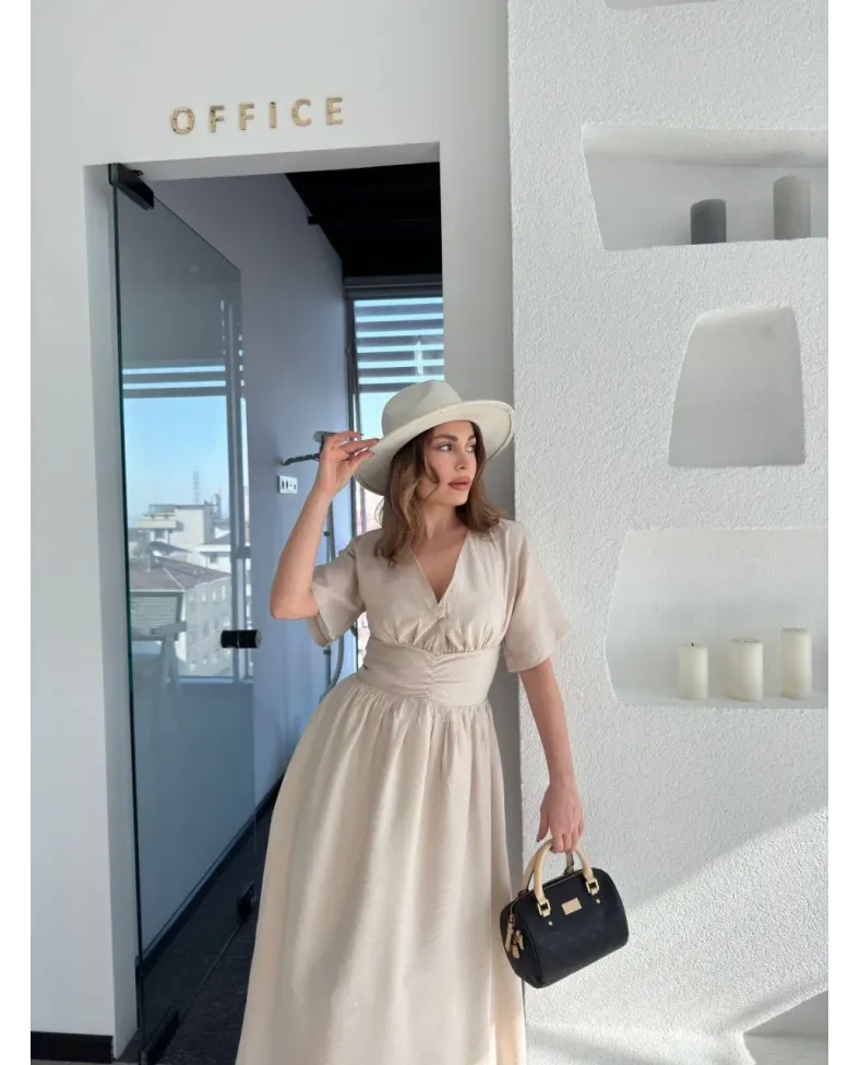 Kısa Kollu Uzun Elbise - Kırık Beyaz