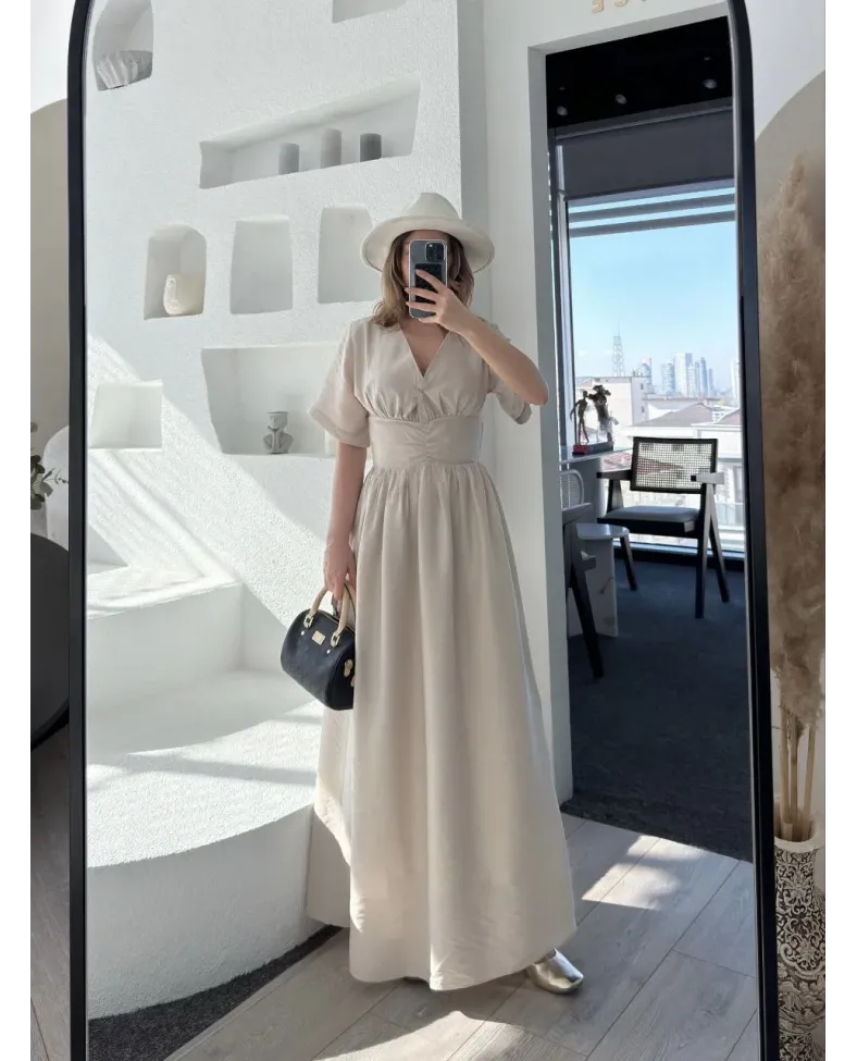 Kısa Kollu Uzun Elbise - Kırık Beyaz