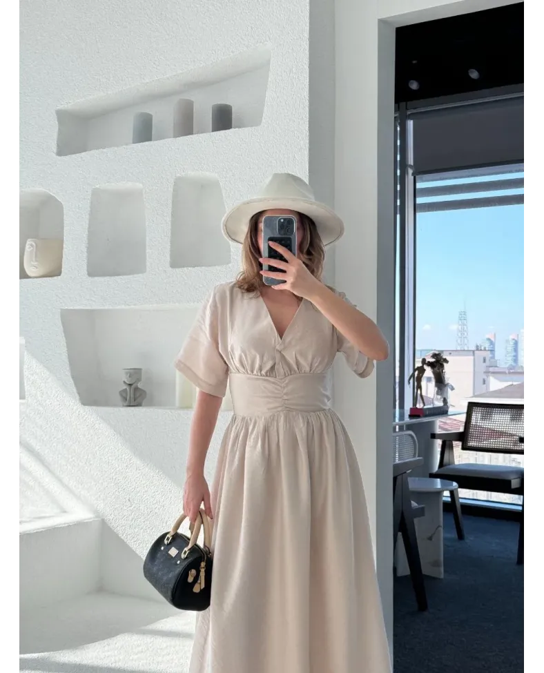 Kısa Kollu Uzun Elbise - Kırık Beyaz