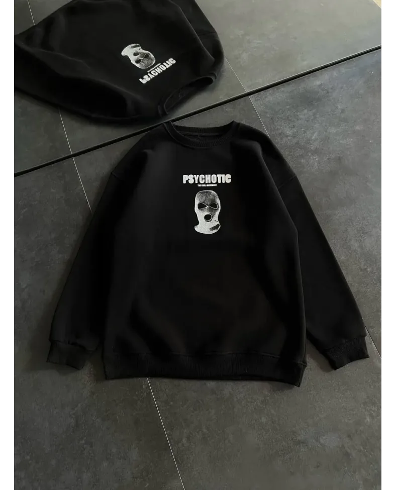 Kışlık Bisiklet Yaka Baskılı SweatShirt - Siyah