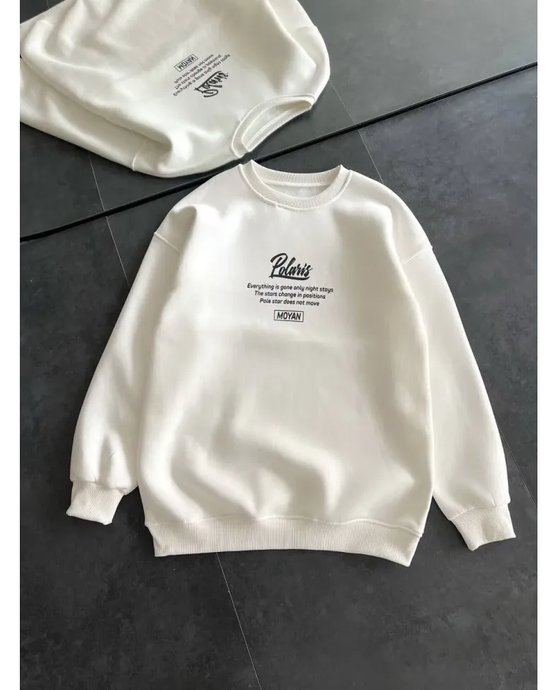Kışlık Bisiklet Yaka Ön Ve Arka Baskılı SweatShirt - Beyaz