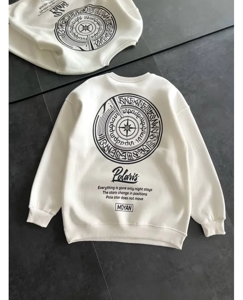 Kışlık Bisiklet Yaka Ön Ve Arka Baskılı SweatShirt - Beyaz