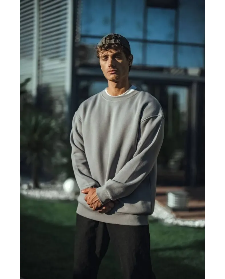 Kışlık Bisiklet Yaka Üç İplik Basic SweatShirt - Boyalı Gri