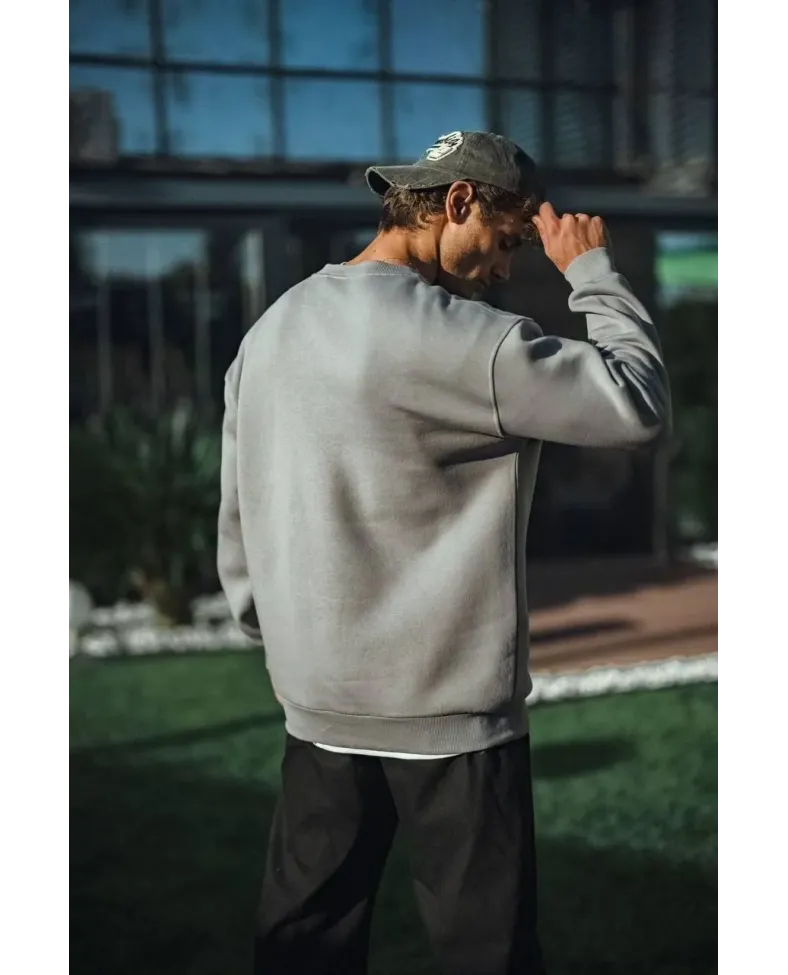 Kışlık Bisiklet Yaka Üç İplik Basic SweatShirt - Boyalı Gri