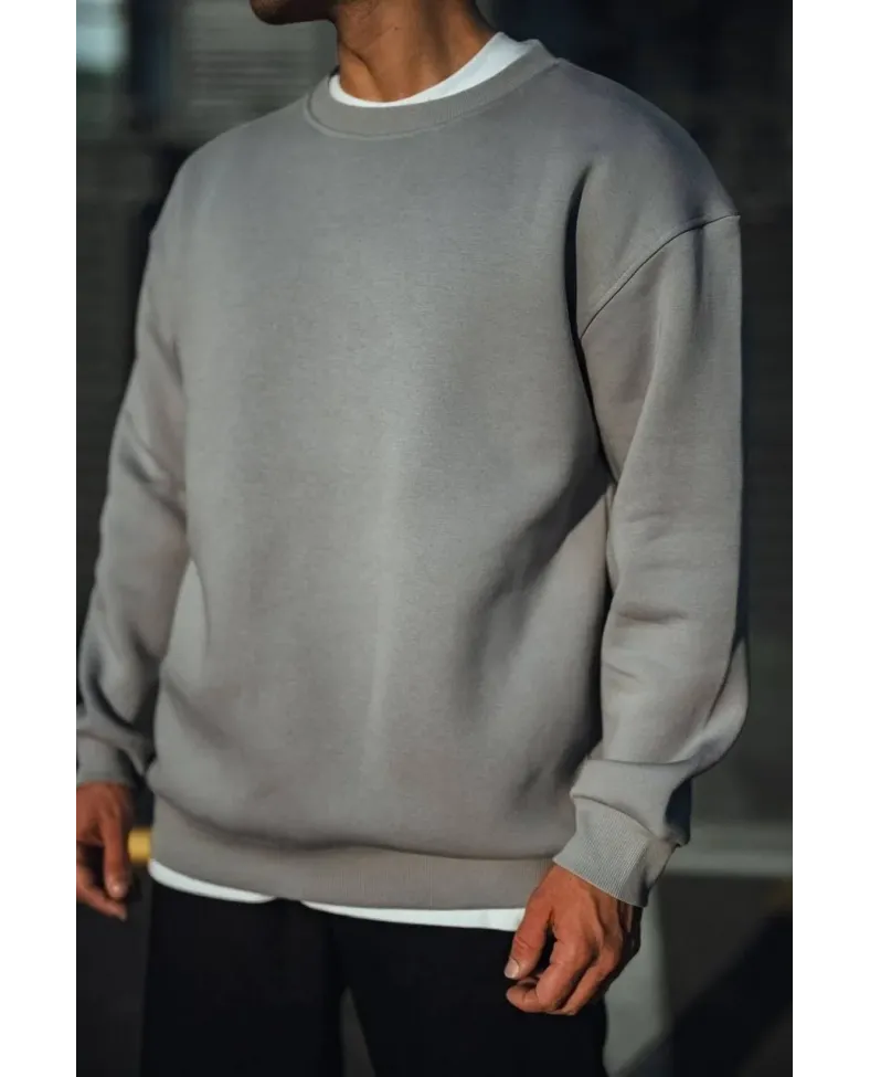 Kışlık Bisiklet Yaka Üç İplik Basic SweatShirt - Boyalı Gri
