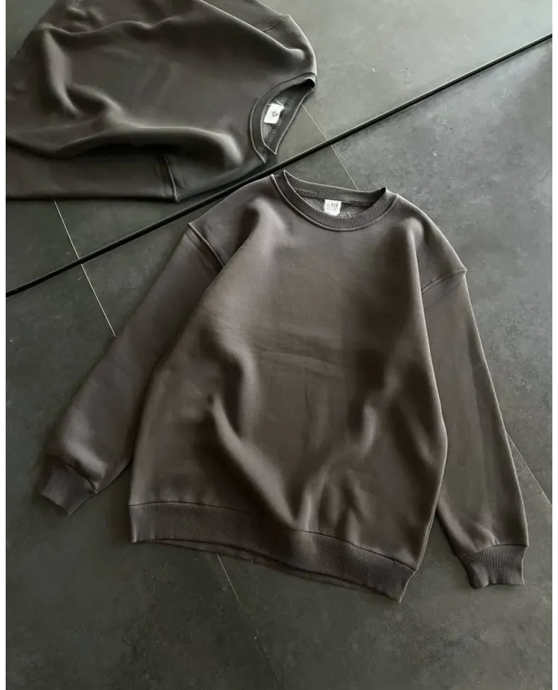 Kışlık Bisiklet Yaka Üç İplik Basic SweatShirt - Füme
