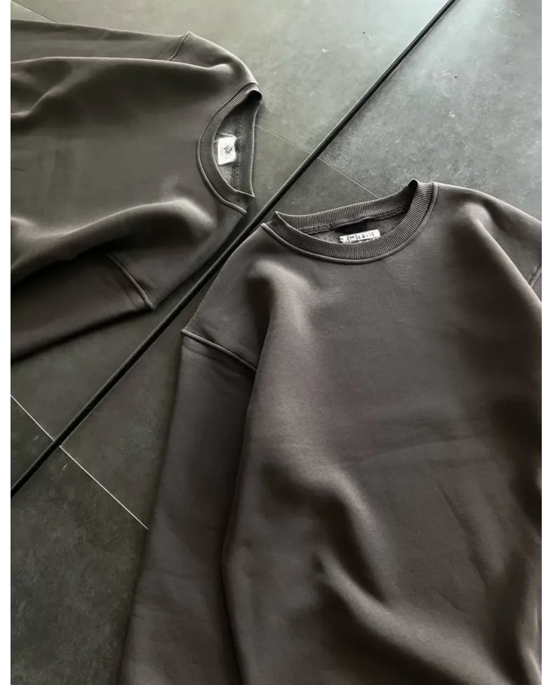 Kışlık Bisiklet Yaka Üç İplik Basic SweatShirt - Füme