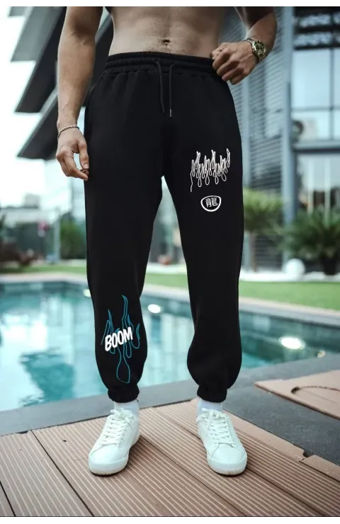 Erkek Kışlık Üç İplik Baskılı Eşofman Pantolon - Siyah