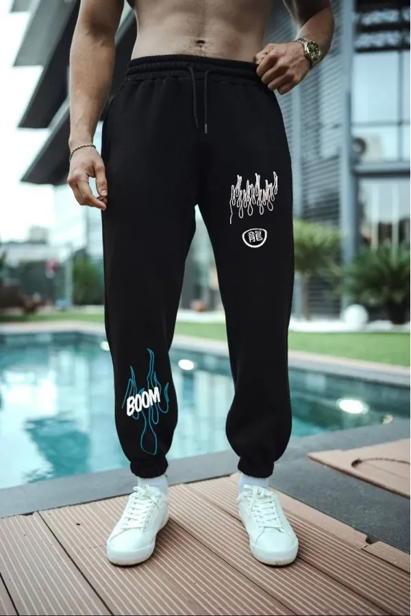 Erkek Kışlık Üç İplik Baskılı Eşofman Pantolon - Siyah