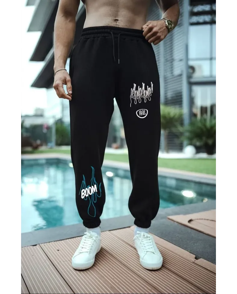 Erkek Kışlık Üç İplik Baskılı Eşofman Pantolon - Siyah