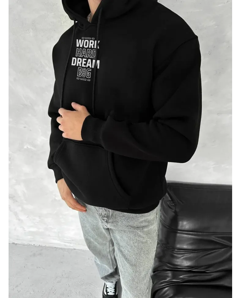 Kışlık Üç İplik Kapüşonlu SweatShirt - Siyah