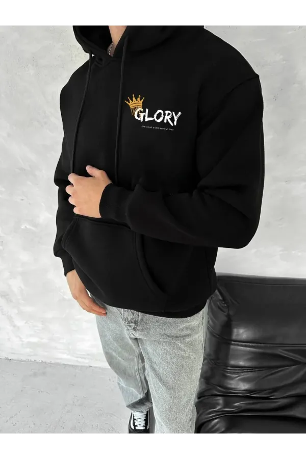 Kışlık Üç İplik Kapüşonlu SweatShirt - Siyah