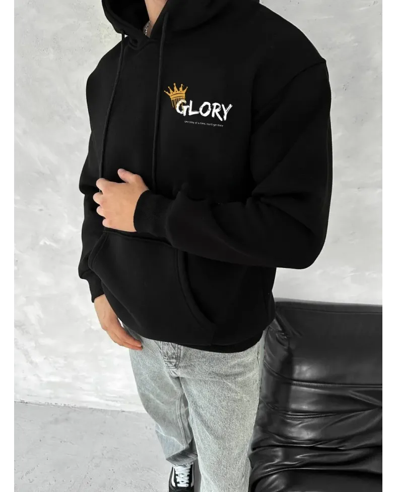 Kışlık Üç İplik Kapüşonlu SweatShirt - Siyah