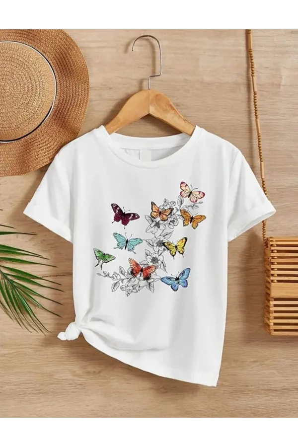 Kız Çocuk Bisiklet Yaka Baskılı T-Shirt - Beyaz