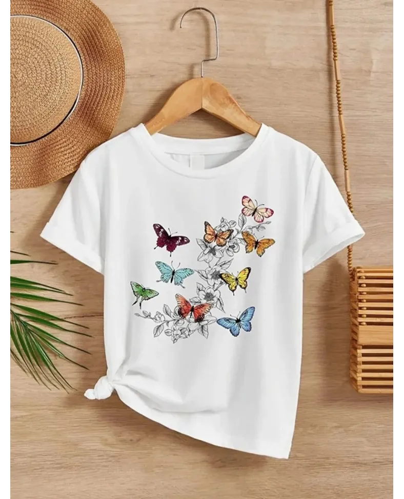 Kız Çocuk Bisiklet Yaka Baskılı T-Shirt - Beyaz