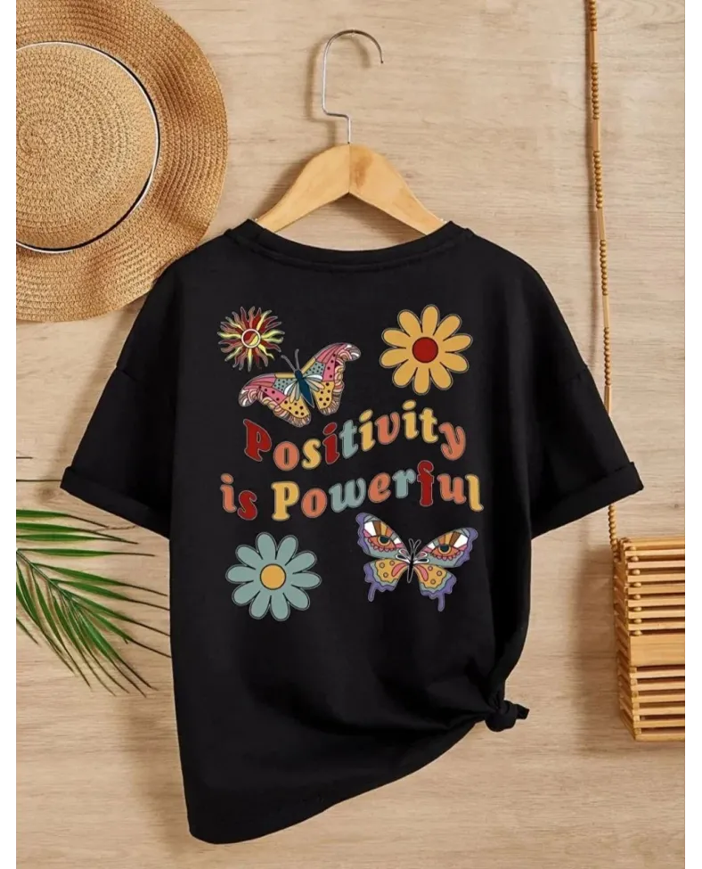 Kız Çocuk Bisiklet Yaka Baskılı T-Shirt - Siyah