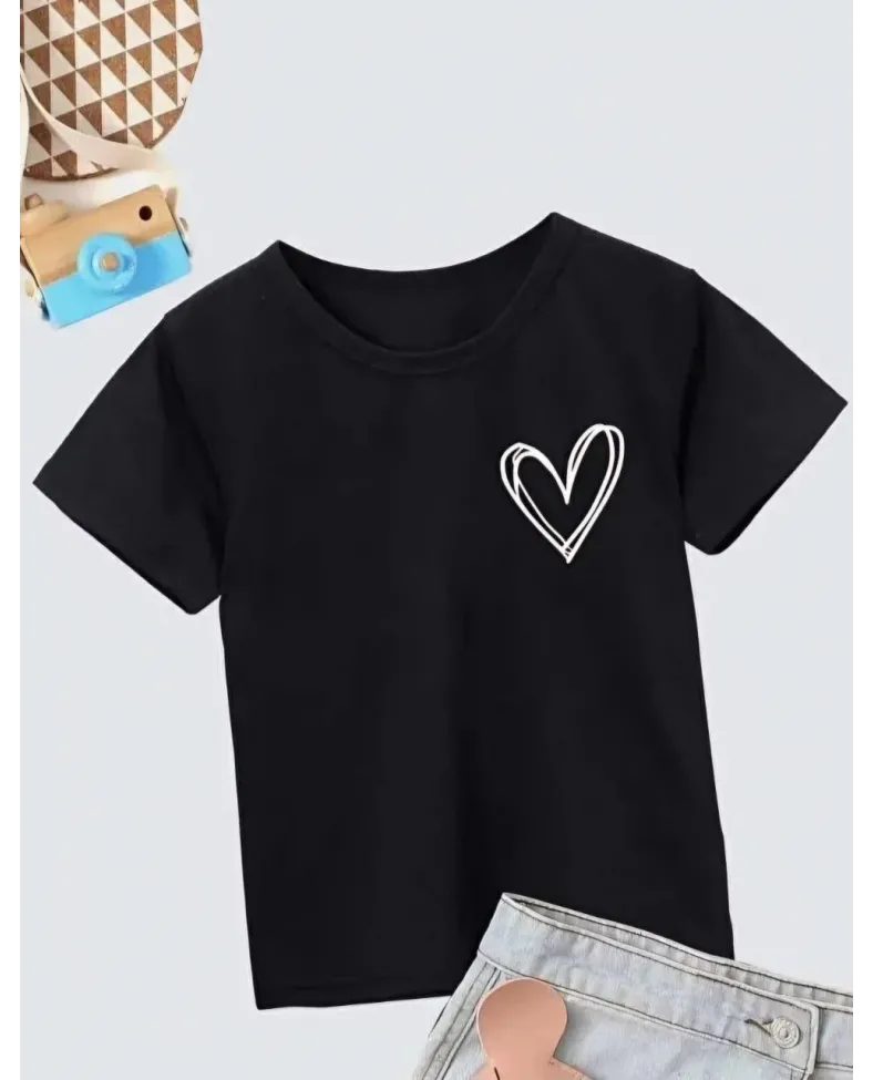 Kız Çocuk Bisiklet Yaka Baskılı T-Shirt - Siyah