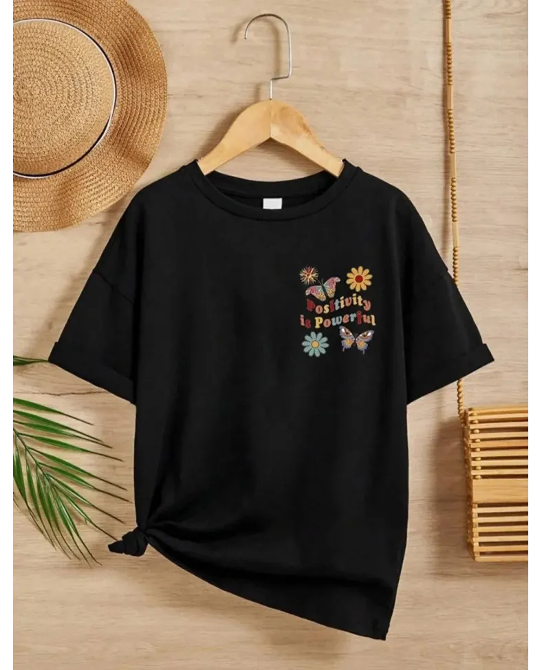 Kız Çocuk Bisiklet Yaka Baskılı T-Shirt - Siyah