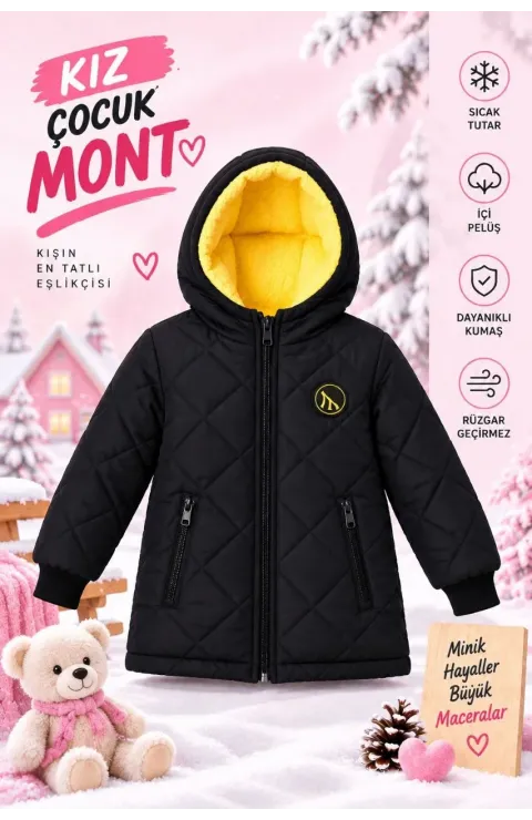 Kız Çocuk İçi Pelüş Astarlı Kapüşonlu Kapitone Fermuarlı Kışlık Şişme Mont