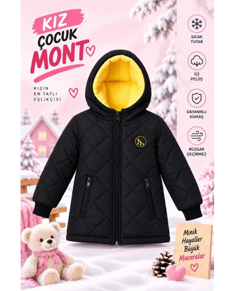 Kız Çocuk İçi Pelüş Astarlı Kapüşonlu Kapitone Fermuarlı Kışlık Şişme Mont