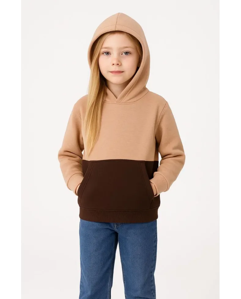 Kız Çocuk Kapüşonlu Kanguru Çepli Parçalı SweatShirt - Renkli