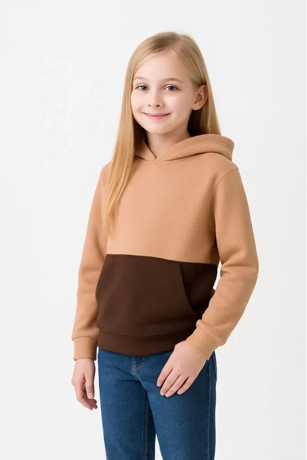 Kız Çocuk Kapüşonlu Kanguru Çepli Parçalı SweatShirt - Renkli