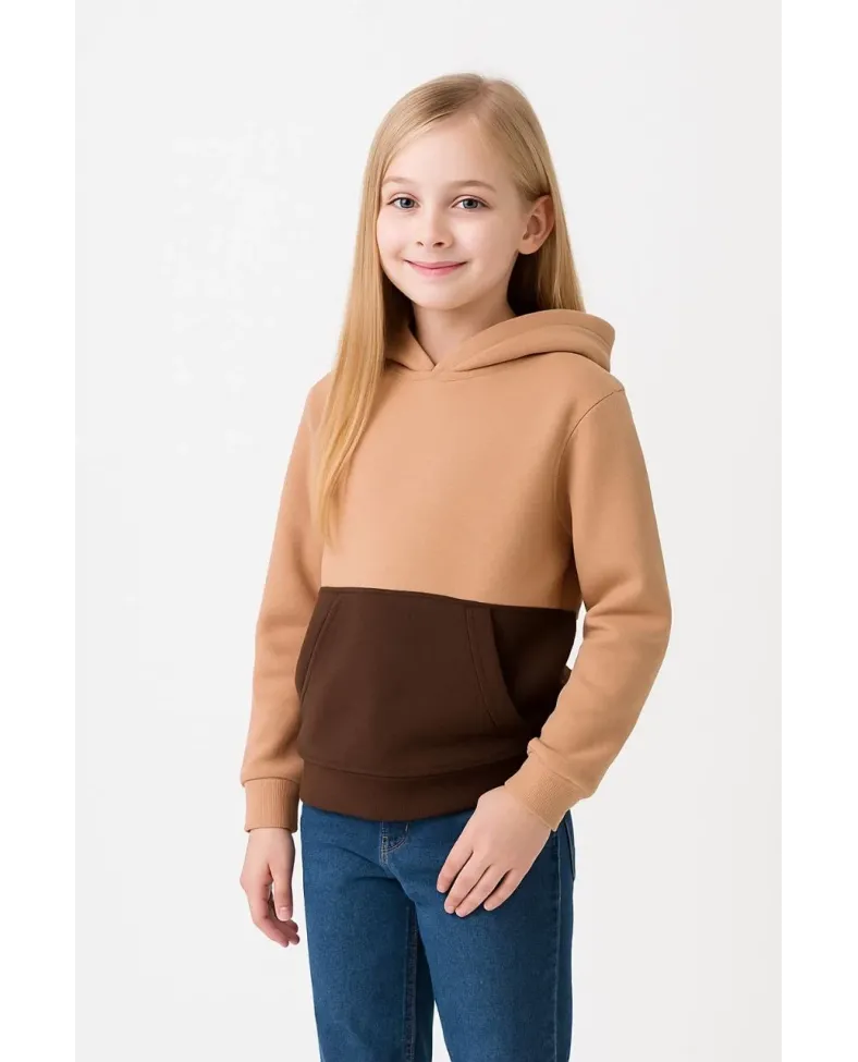 Kız Çocuk Kapüşonlu Kanguru Çepli Parçalı SweatShirt - Renkli