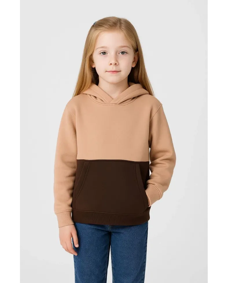 Kız Çocuk Kapüşonlu Kanguru Çepli Parçalı SweatShirt - Renkli