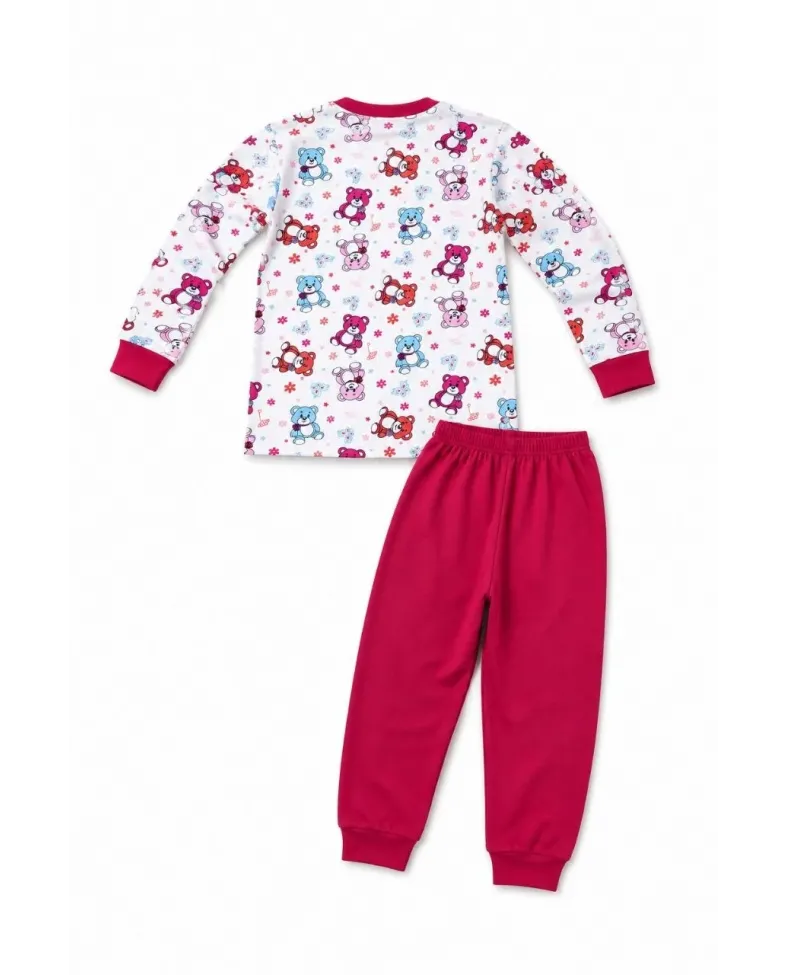 Kız Çocuk Premium Penye Ayıcık Desenli Uzun Kollu Pijama Takımı 2-11 Yaş - Kırmızı