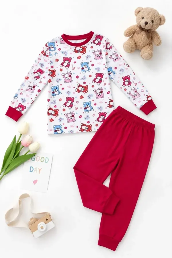 Kız Çocuk Premium Penye Ayıcık Desenli Uzun Kollu Pijama Takımı 2-11 Yaş - Kırmızı