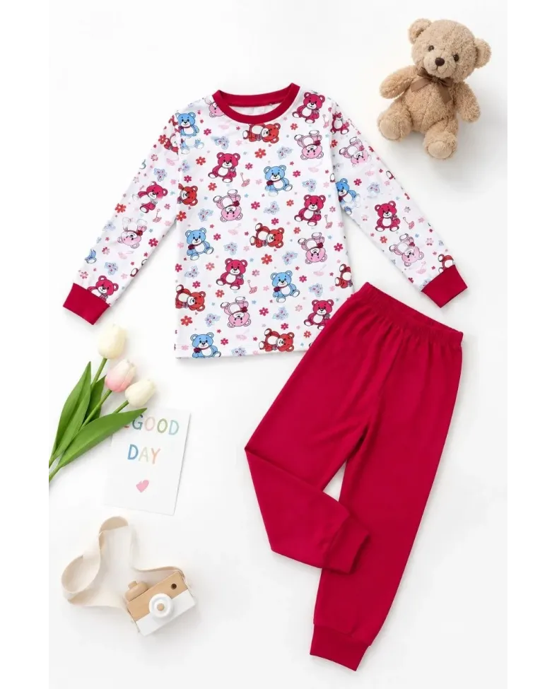 Kız Çocuk Premium Penye Ayıcık Desenli Uzun Kollu Pijama Takımı 2-11 Yaş - Kırmızı