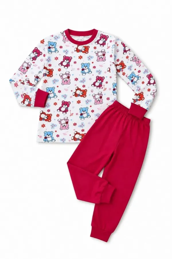 Kız Çocuk Premium Penye Ayıcık Desenli Uzun Kollu Pijama Takımı 2-11 Yaş - Kırmızı