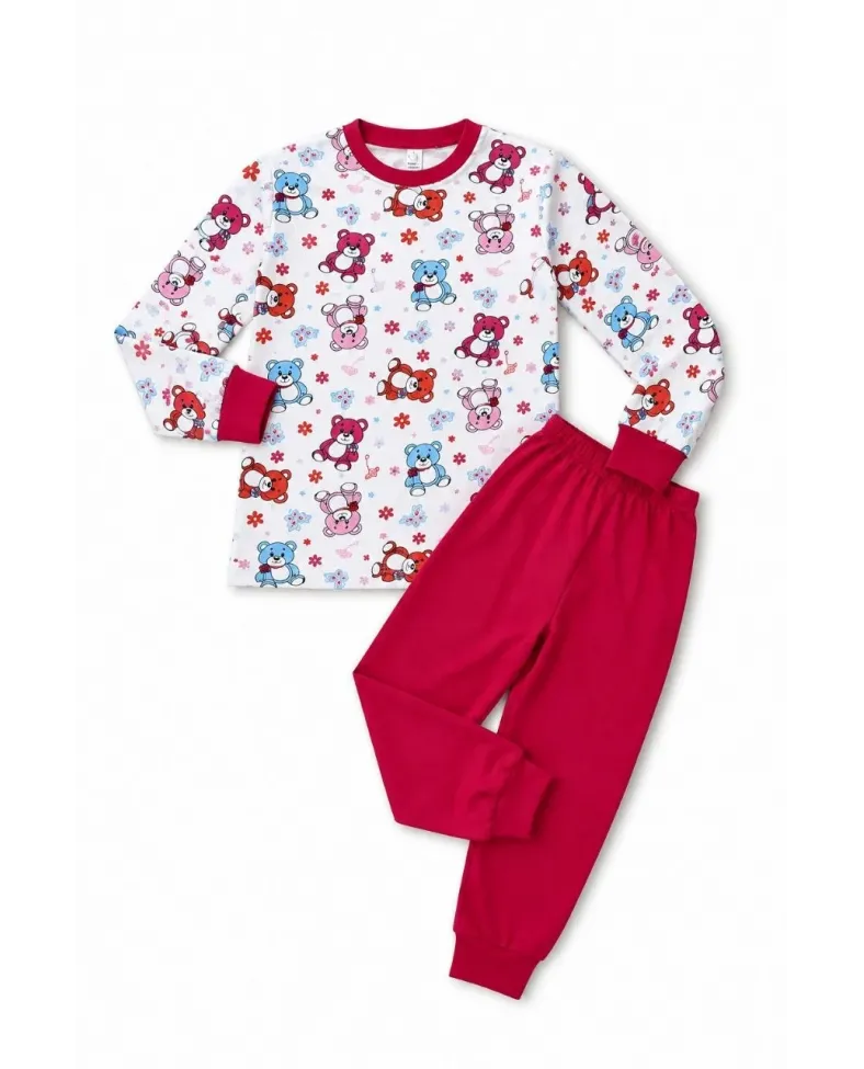 Kız Çocuk Premium Penye Ayıcık Desenli Uzun Kollu Pijama Takımı 2-11 Yaş - Kırmızı