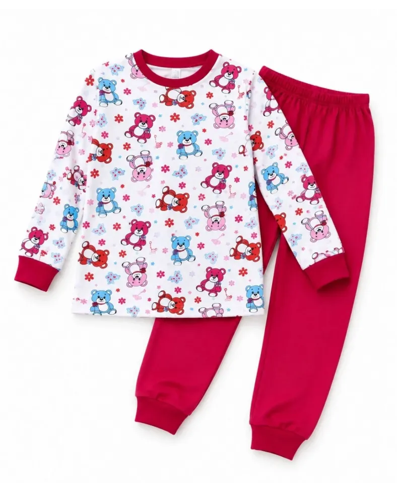 Kız Çocuk Premium Penye Ayıcık Desenli Uzun Kollu Pijama Takımı 2-11 Yaş - Kırmızı